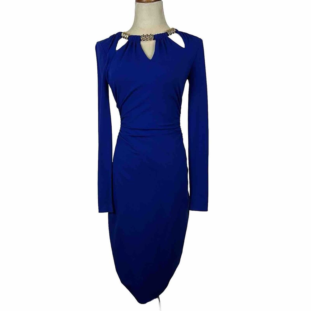 Cache Bodycon Dress Womens XS Blue Studded Keyhole Ruched Vintage Long Sleeve